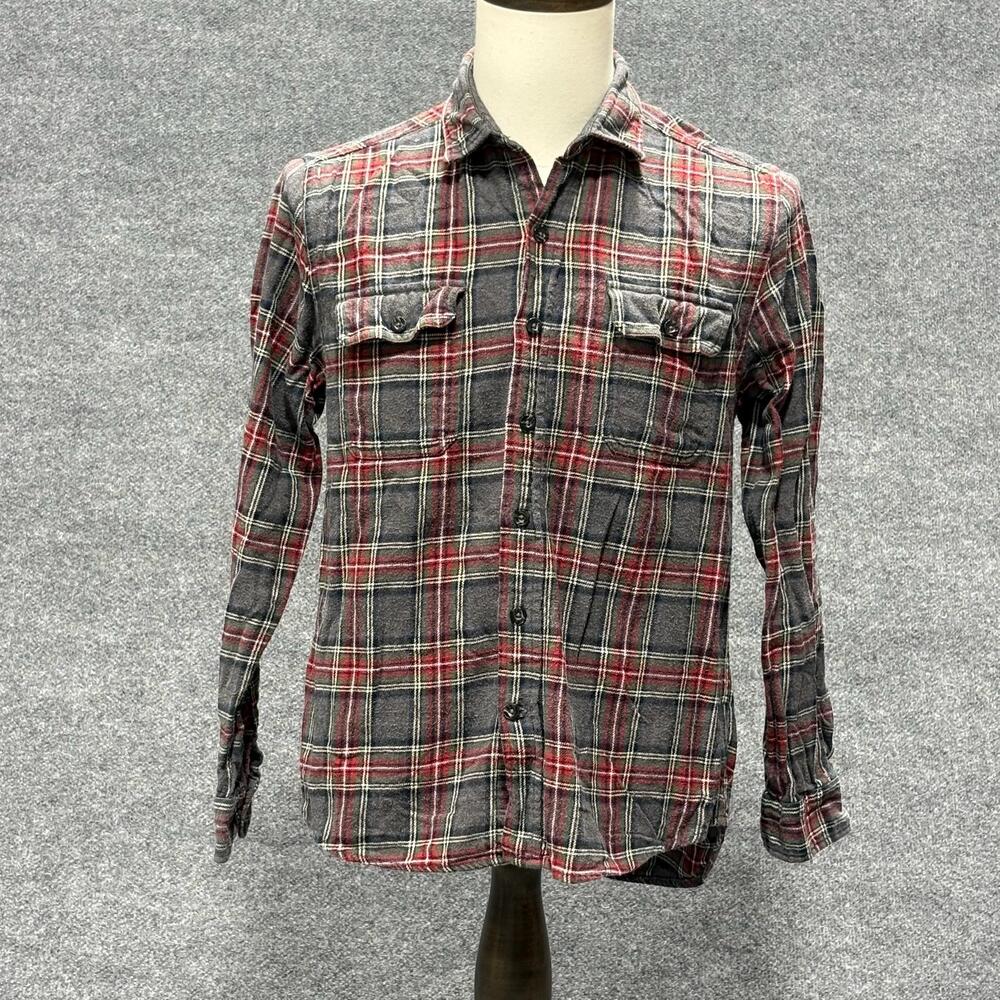 Woolrich Shirt Mens Medium Gray Red Plaid Flannel Button Front Casual Pockets